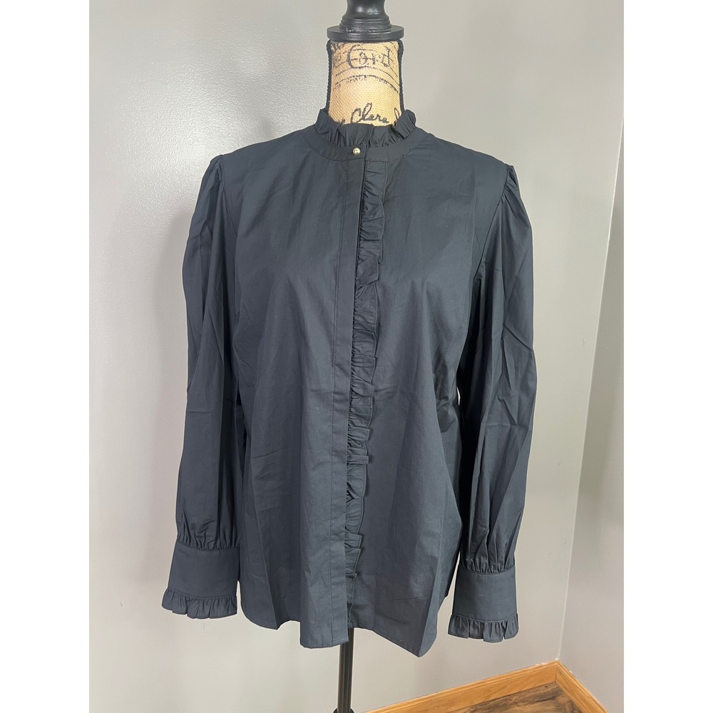 On 34th black button down‎ shirt medium ruffle Victorian modest darkacademia